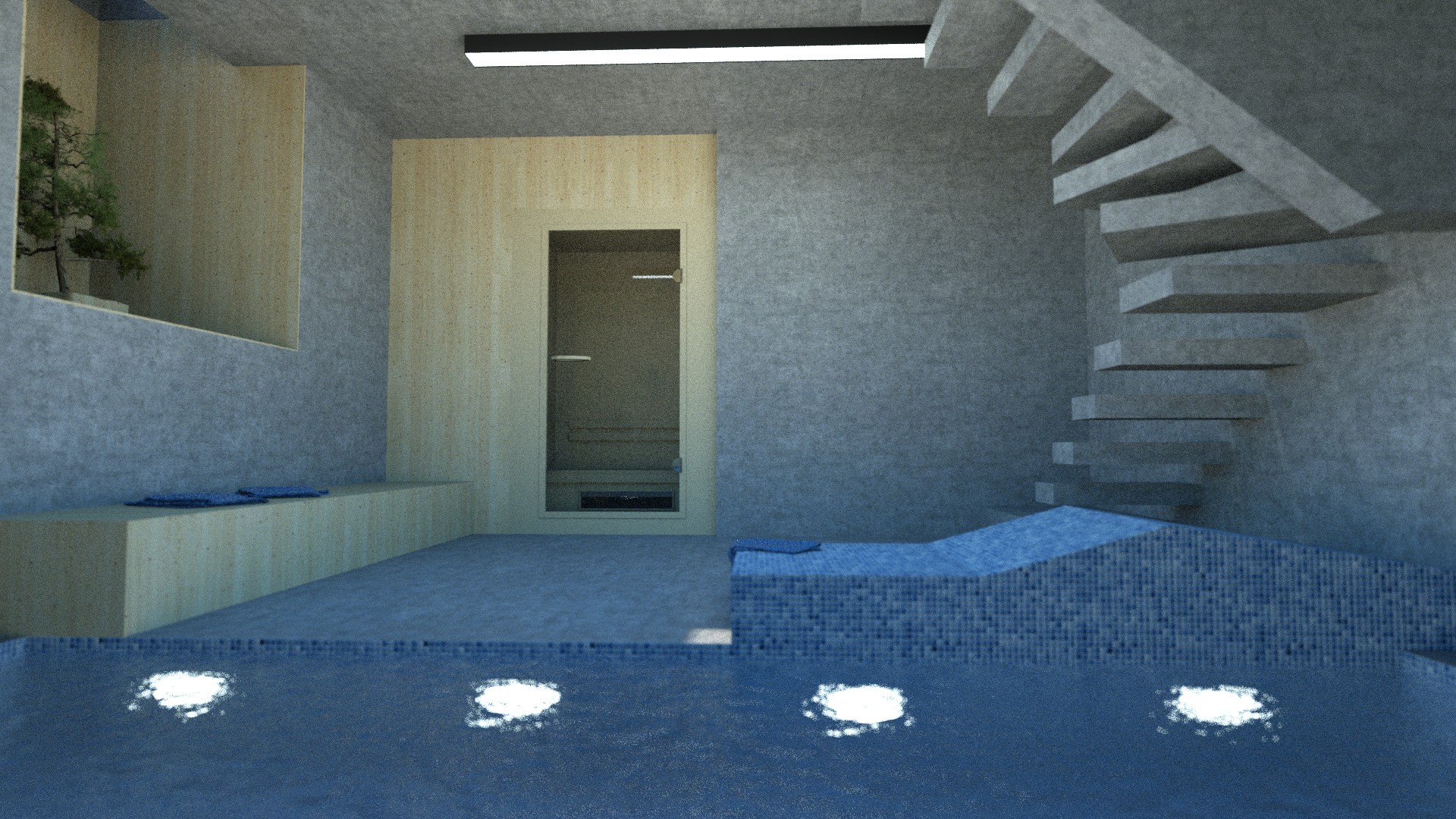 Interior view of a modern pool area with concrete walls, wooden accents, and a built-in jacuzzi. A sleek linear light fixture illuminates the space, while a minimalist door and a small plant add subtle details. A concrete staircase leads upwards, creating a dramatic architectural element. The pool features tiled surfaces and visible underwater lighting. By Modify Architects