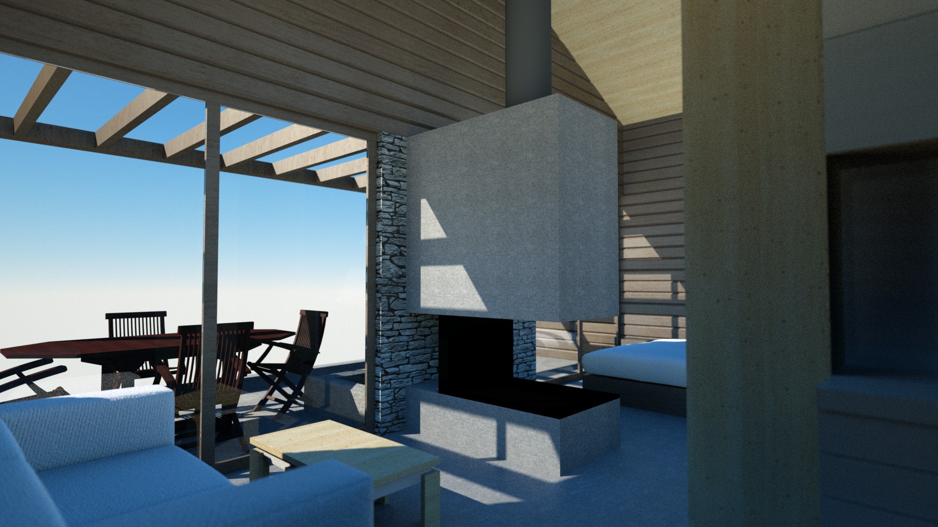 A rendering of an outdoor living space featuring a large concrete and stone fireplace, comfortable seating, a dining table, and a slatted wood roof, with a scenic mountain view in the background. The design emphasizes modern architecture and a connection to nature. By Modify Architects