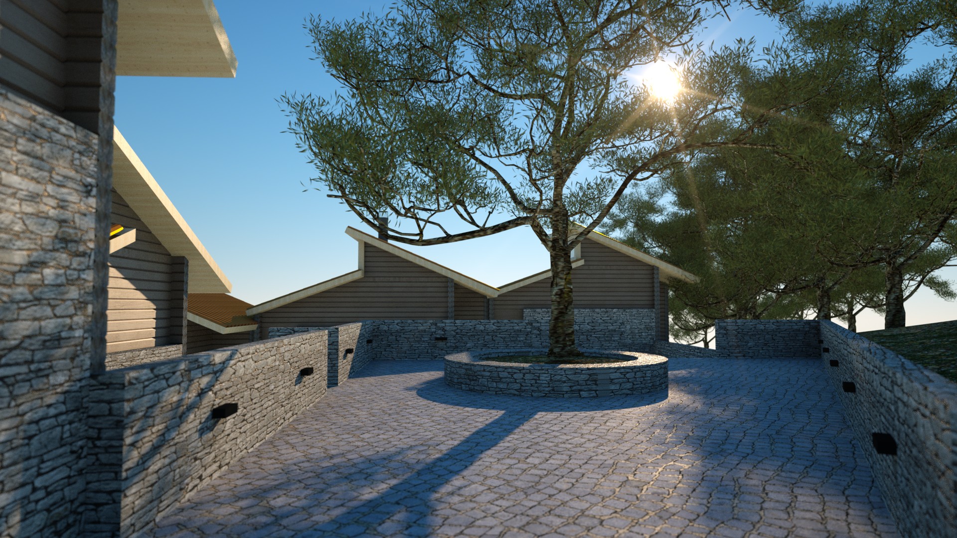 A sun-drenched courtyard featuring a central olive tree within a circular stone planter, surrounded by textured stone walls and a patterned stone pavement. Modern buildings with dark wood and stone facades are visible in the background under a clear blue sky. By Modify Architects