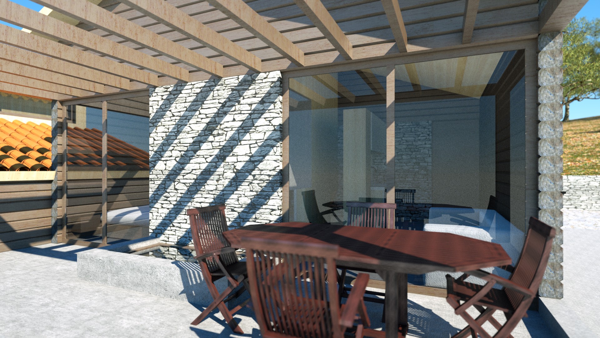 Architectural rendering of a covered outdoor dining area with a wooden pergola, stone columns, and a table with chairs, showcasing a blend of rustic and modern design elements. By Modify Architects