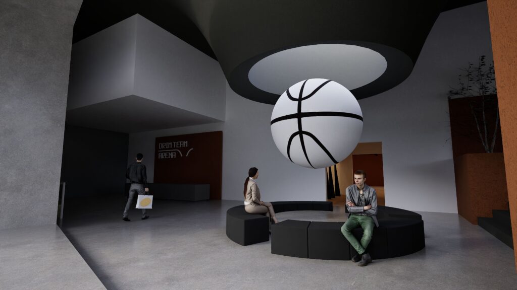 Modern interior design of the Drimalas Basketball Academy lobby featuring a large spherical basketball sculpture, sleek black and white furniture, and a textured orange wall, creating a dynamic and welcoming space for athletes and visitors. By Modify Architects