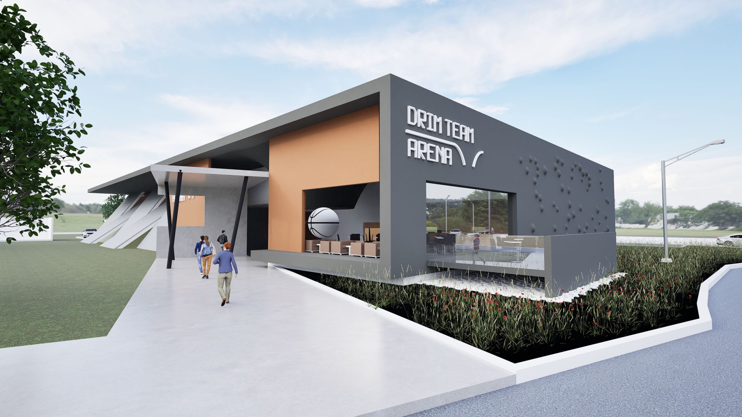 Modern basketball academy exterior rendering featuring a low-slung building with gray and white facade, a prominent "DRIM TEAM ARENA" sign, landscaping with ornamental grasses, and people walking towards the entrance under a covered walkway. By Modify Architects