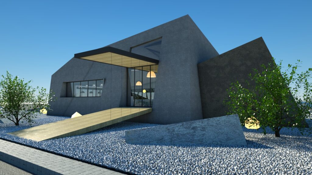 Architectural rendering of a modern residence featuring a striking angular concrete facade, a flat roof with a cantilevered entrance canopy, large glass windows, and a minimalist landscape with gravel and sparse greenery under a clear blue sky. By Modify Architects