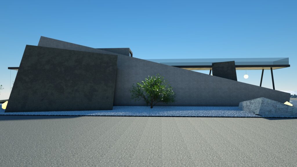 A modern architectural rendering of a low-slung concrete residence with angular walls, a flat roof, and a small tree in the foreground. The design emphasizes minimalist forms and a connection to the surrounding landscape, with subtle outdoor lighting and a clear blue sky. By Modify Architects