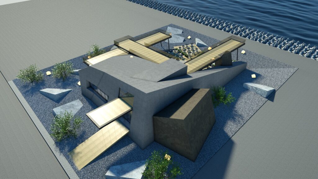 Aerial view of a modern, geometric residence with a flat roof, angular concrete walls, and wooden deck extensions, surrounded by gravel landscaping and positioned near a body of water with a textured breakwater. By Modify Architects