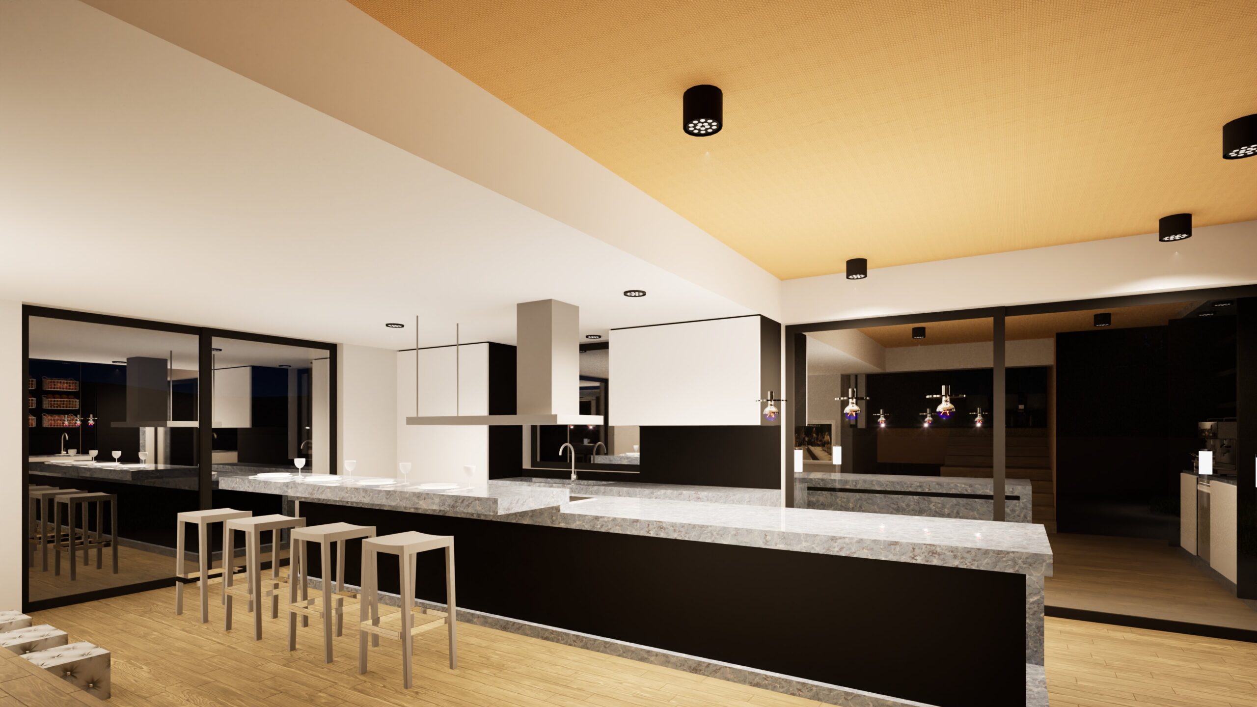 A brightly lit, modern kitchen interior featuring a large island with a speckled gray countertop and dark wood base. White cabinetry and stainless steel appliances are visible, with bar stools arranged around the island. Large windows offer views to adjacent spaces, one with a glimpse of an outdoor nighttime scene. The ceiling is a warm orange hue with recessed lighting. The flooring is light-colored wood. By Modify Architects