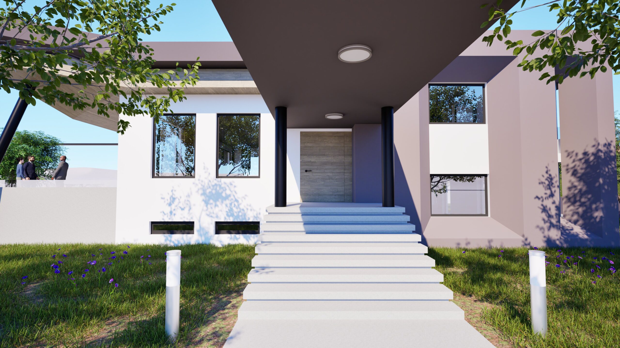 A modern, minimalist house exterior with a prominent entrance featuring a light-colored facade, dark trim, large windows, and a wide set of steps leading to a wooden door. People are visible on a balcony above, and the house is surrounded by green grass and landscaping. By Modify Architects