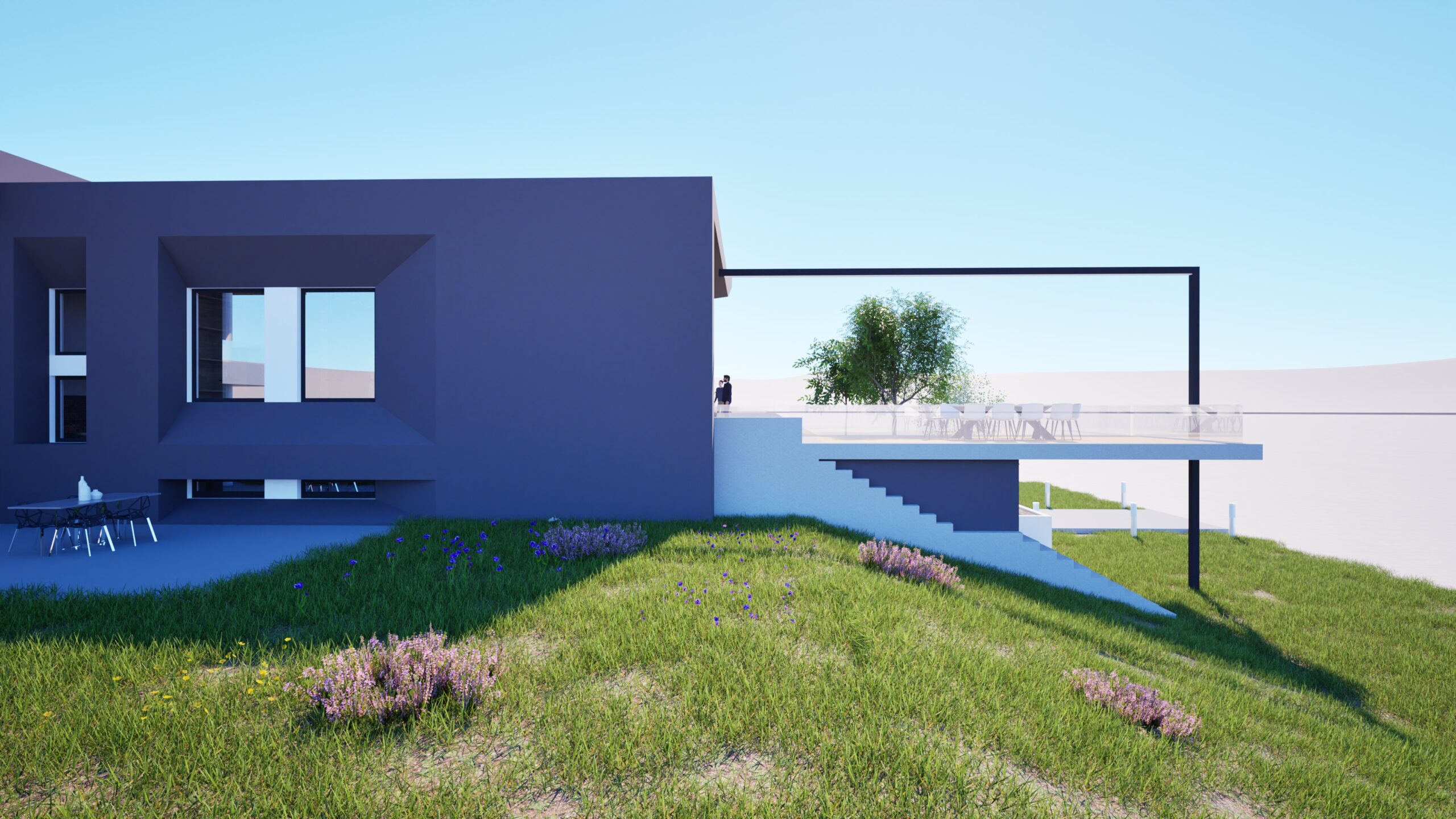 Architectural rendering of a modern hilltop house with a flat roof, large windows, and a cantilevered deck overlooking a grassy landscape under a clear blue sky. The house features a muted purple facade and a minimalist design, with outdoor seating and landscaping elements enhancing the connection to the natural surroundings. By Modify Architects