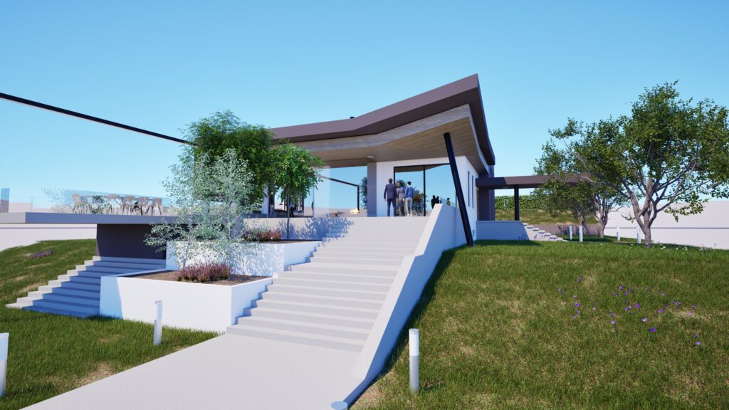 Architectural rendering of the HillTop House featuring a wide set of white stairs leading up to a covered entrance with a striking, angled roofline. People are visible inside the entrance, suggesting a welcoming and open space. Lush greenery and landscaping surround the structure, blending it into the hillside setting. The design emphasizes clean lines, modern aesthetics, and a connection to the natural environment. By Modify Architects