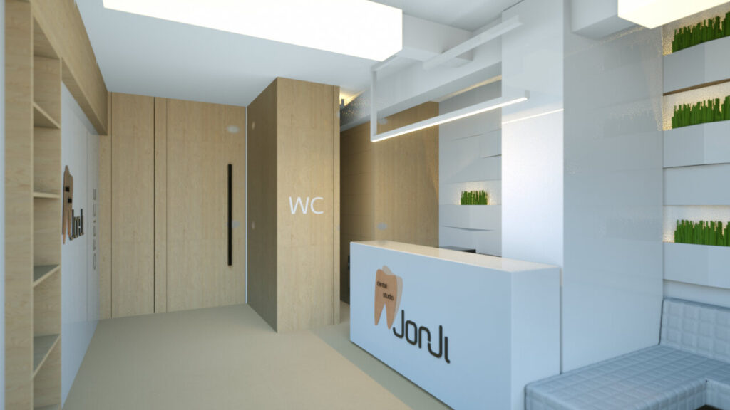 Modern interior design of a dental clinic reception area featuring a wooden accent wall, a white reception desk with clinic branding, and a glimpse into a hallway with a restroom door labeled "WC". The space incorporates minimalist design elements, recessed lighting, and a vertical green wall for a fresh, inviting atmosphere. By Modify Architects