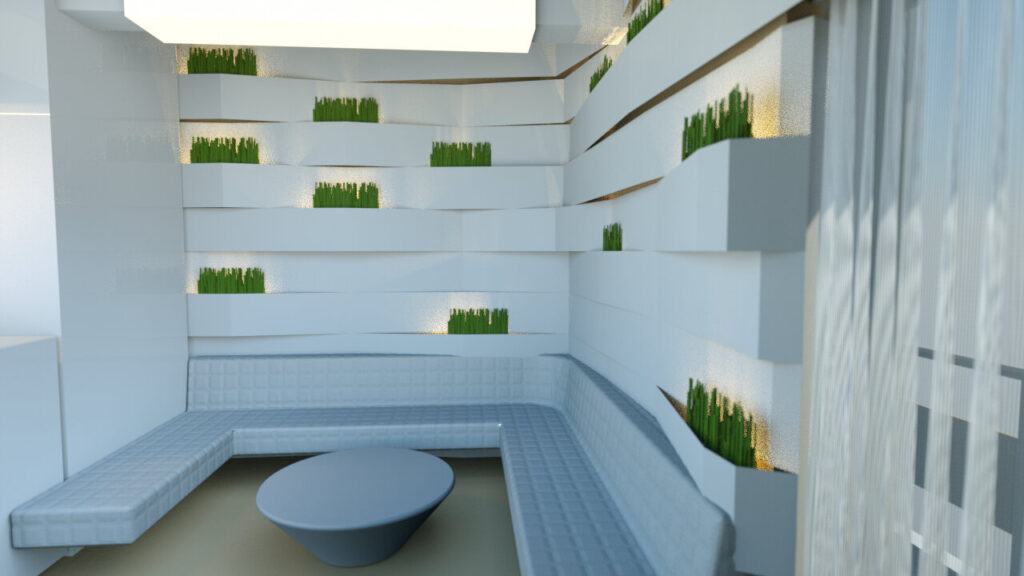 Modern dental office waiting area with a unique white layered wall featuring integrated green plants, a grey circular table, and built-in grey seating, illuminated by natural light from a nearby window. By Modify Architects