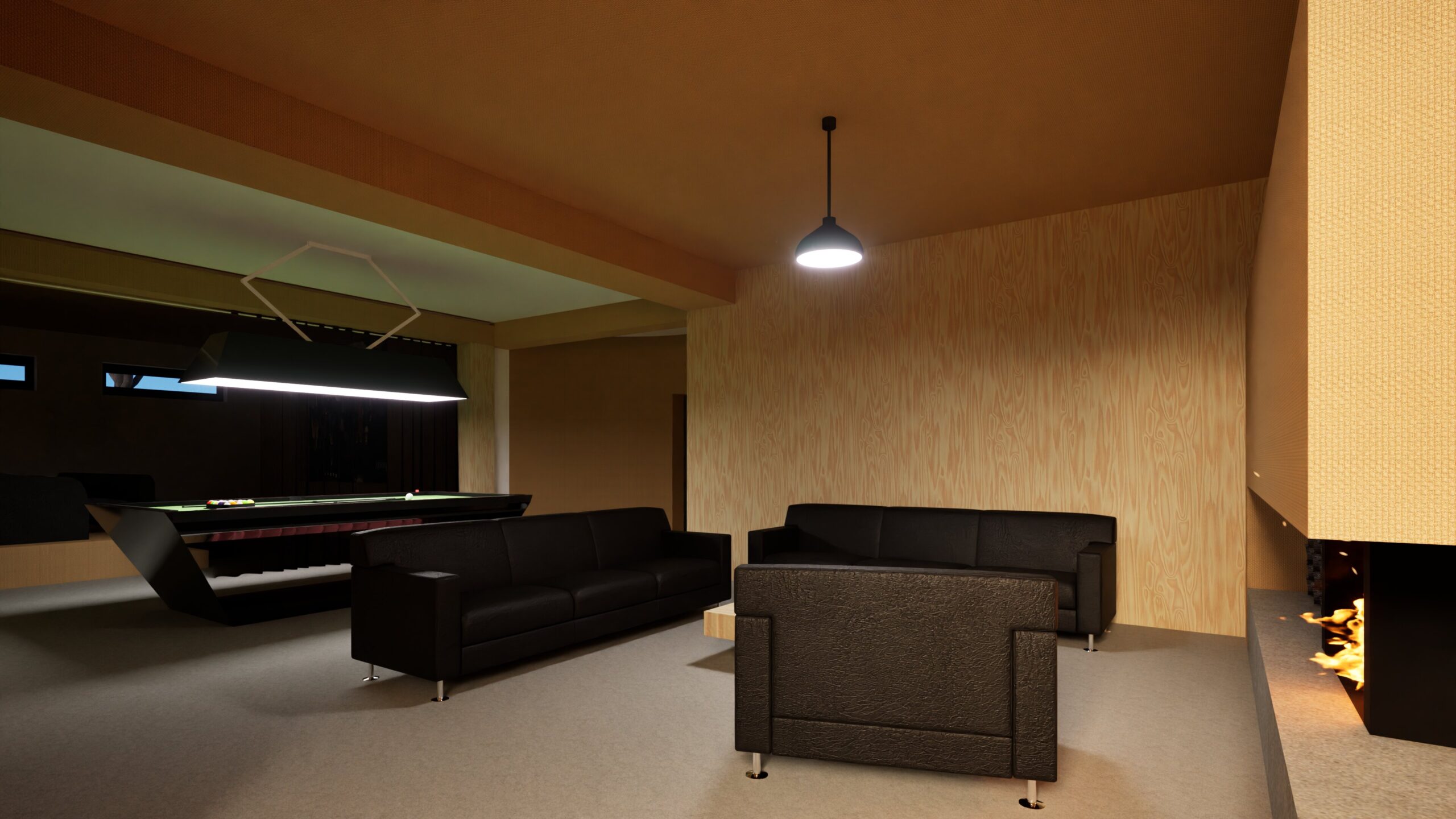 A modern recreation room featuring a pool table, comfortable leather seating, a warm fireplace, and a striking geometric ceiling detail, illuminated by a single pendant light, creating a cozy and inviting atmosphere. By Modify Architects