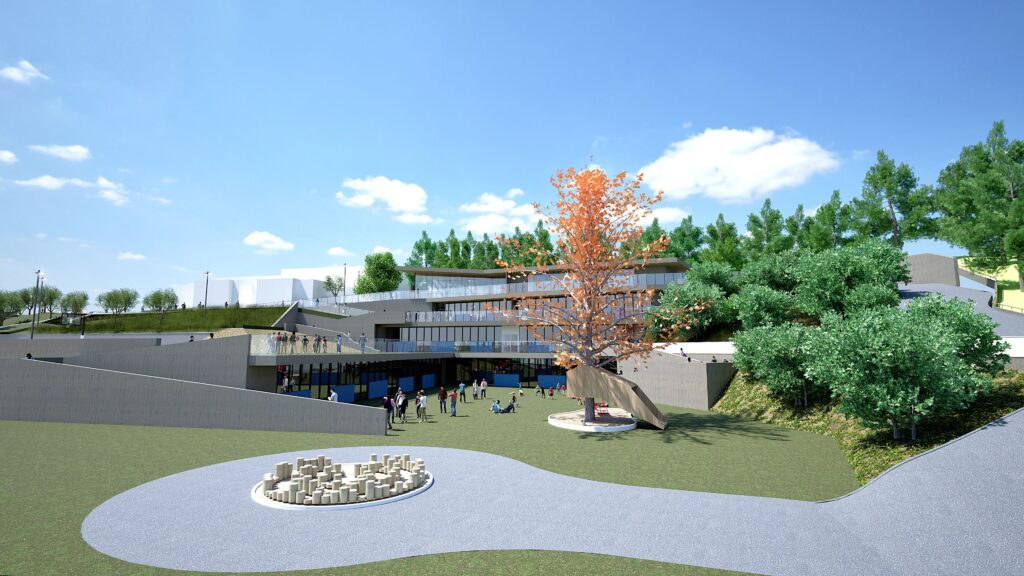 Architectural rendering of the Korifidis School, showcasing a modern building integrated into a green landscape with students and staff visible, featuring a unique orange tree focal point and playful circular seating area in the foreground, under a bright blue sky with fluffy clouds. By Modify Architects