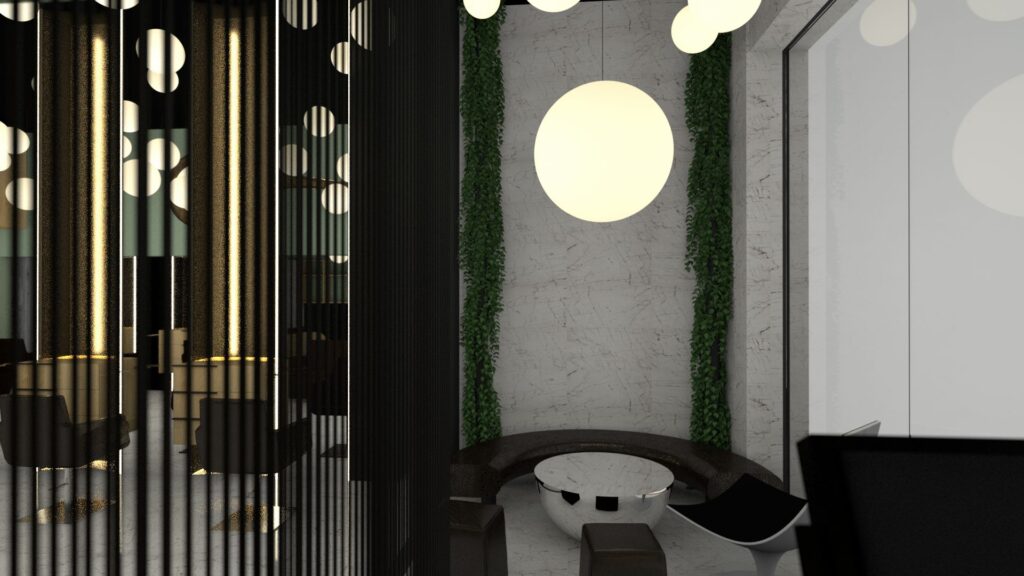 A modern interior design concept featuring a dramatic hallway with vertical light fixtures, a marble wall accented with lush greenery, and a minimalist seating area with a circular bench and white table, illuminated by glowing spherical lights. By Modify Architects