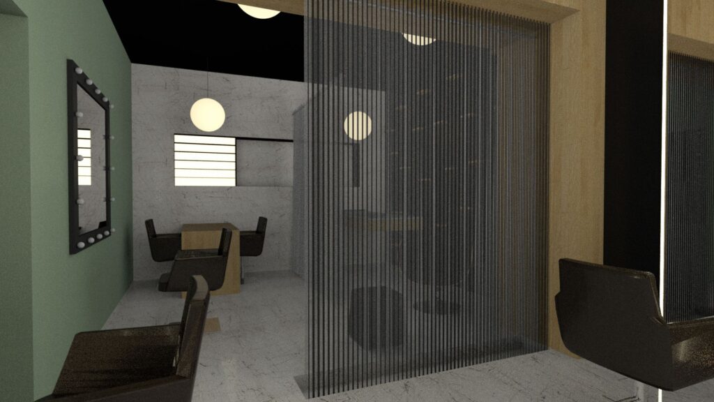 A modern interior design rendering featuring a hair salon or styling space. A black barber chair is centered in the foreground, facing a vanity with illuminated lights. A vertical slat partition separates the styling area from a more secluded space with seating. The color palette includes muted greens, blacks, and warm wood tones, with circular lighting fixtures adding a contemporary touch. The floor is a light-colored marble or tile. By Modify Architects