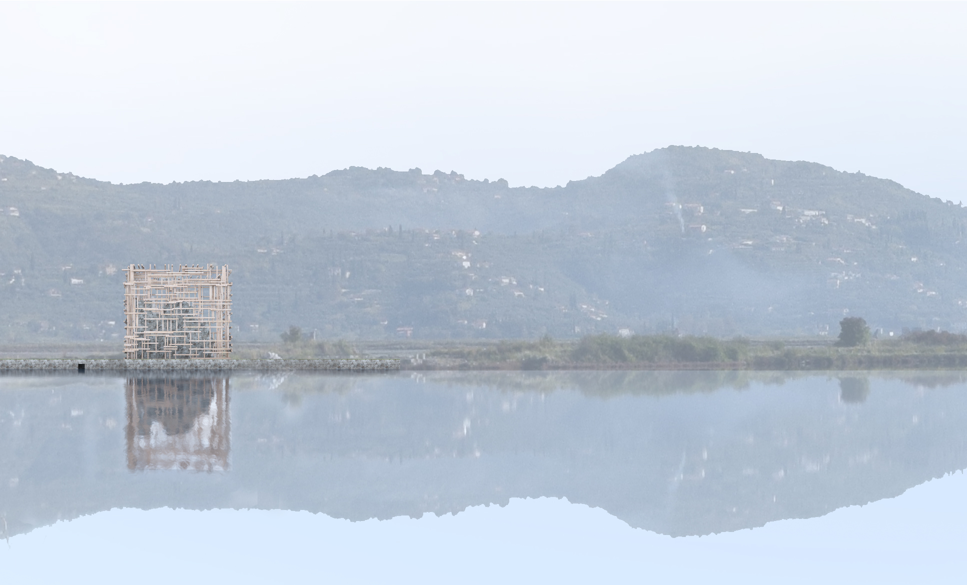 A modern, multi-story structure with a scaffolding-like exterior stands prominently in a salt pan landscape, perfectly reflected in the still, shallow water. Rolling hills and distant mountains form a hazy backdrop under a pale sky, emphasizing the building's isolated and unique location. The composition highlights the interplay between architecture and the natural environment, creating a serene and contemplative scene. By Modify Architects