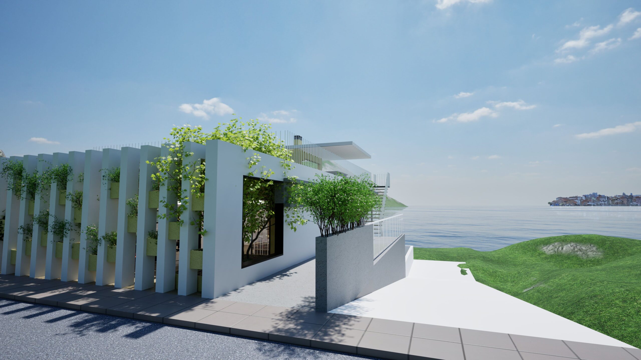 Architectural rendering of a modern, white coastal residence with a green roof and vertical garden elements, overlooking a calm blue sea under a clear sky. The building features clean lines, a flat roof with a canopy, and a walkway leading to the entrance, set against a backdrop of lush green landscaping and distant buildings. By Modify Architects