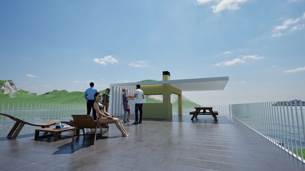 Architectural visualization of a modern rooftop terrace with people enjoying the view, featuring a covered barbecue area, lounge chairs, a picnic table, and a glass railing overlooking a lush green landscape and blue sky with fluffy clouds. By Modify Architects