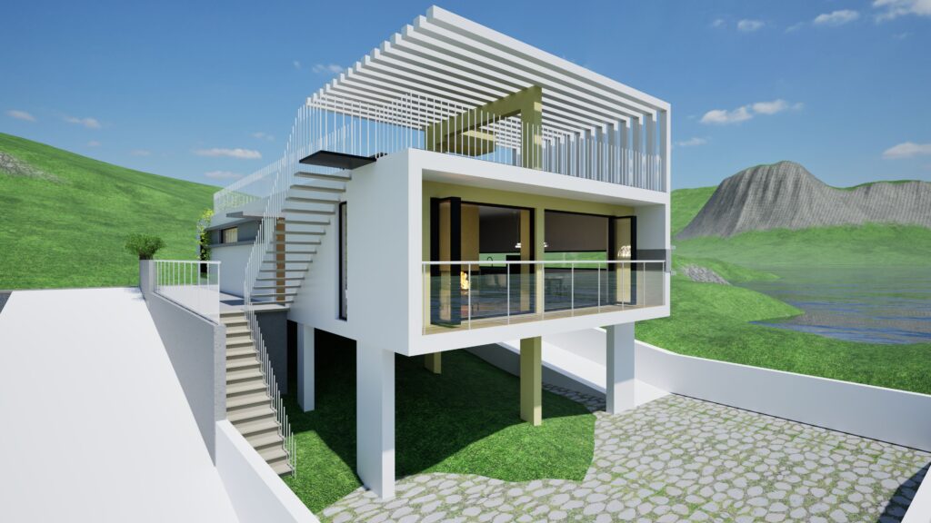 A modern, elevated residential building with a white facade, large glass windows, and a pergola-covered roof terrace, set against a backdrop of lush green hills and a calm body of water. The house is supported by pillars, creating an open space underneath, and is accessed by exterior staircases. By Modify Architects