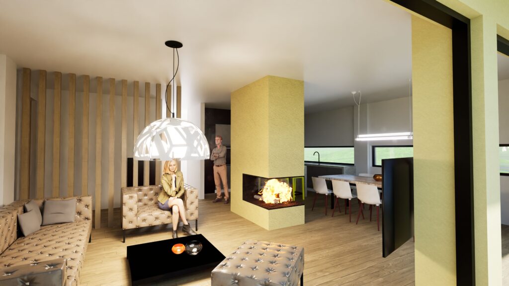 Interior view of a bright, open-plan living and dining area with a central fireplace, featuring a light wood slat wall, a tufted sofa, and a modern pendant light, with people casually interacting in the space. By Modify Architects