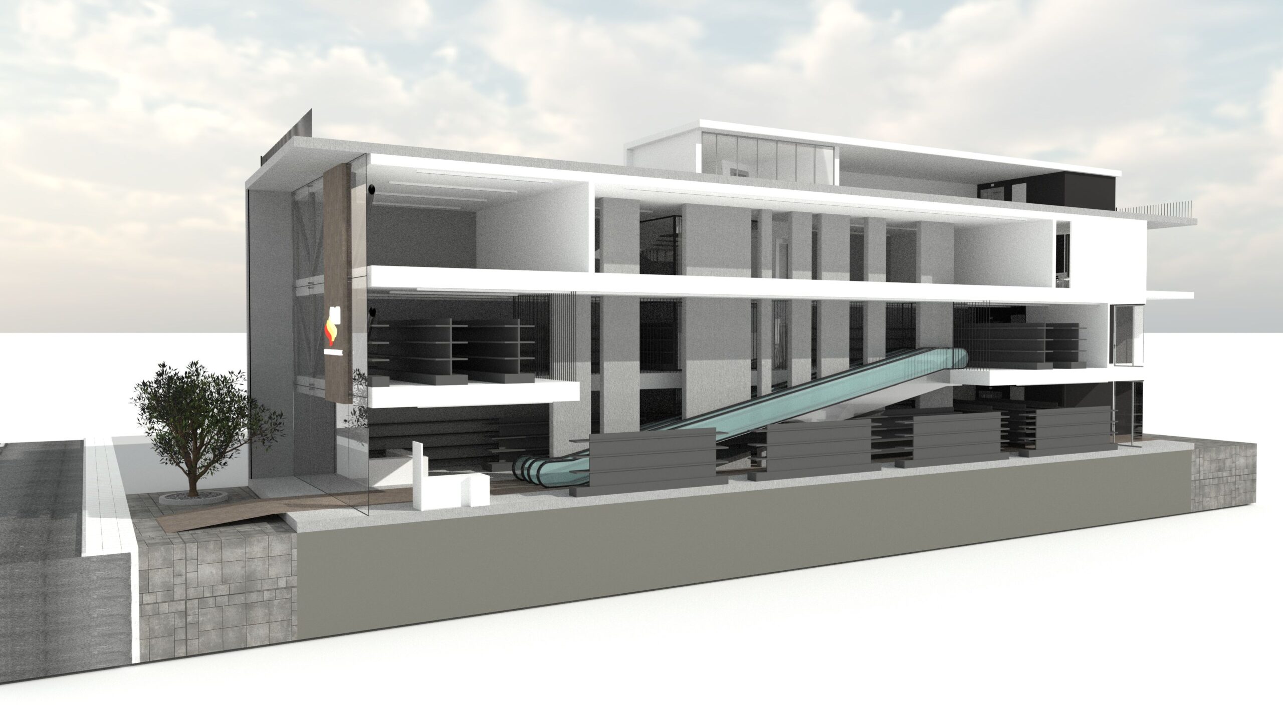 Architectural rendering of a modern, two-story hardware store with a gray and white color scheme. The building features a prominent angled ramp leading to the second floor, large display windows, and a minimalist design. A small tree is planted in front of the entrance, and the building is set on a slightly elevated concrete base. The sky is cloudy, providing soft lighting. By Modify Architects