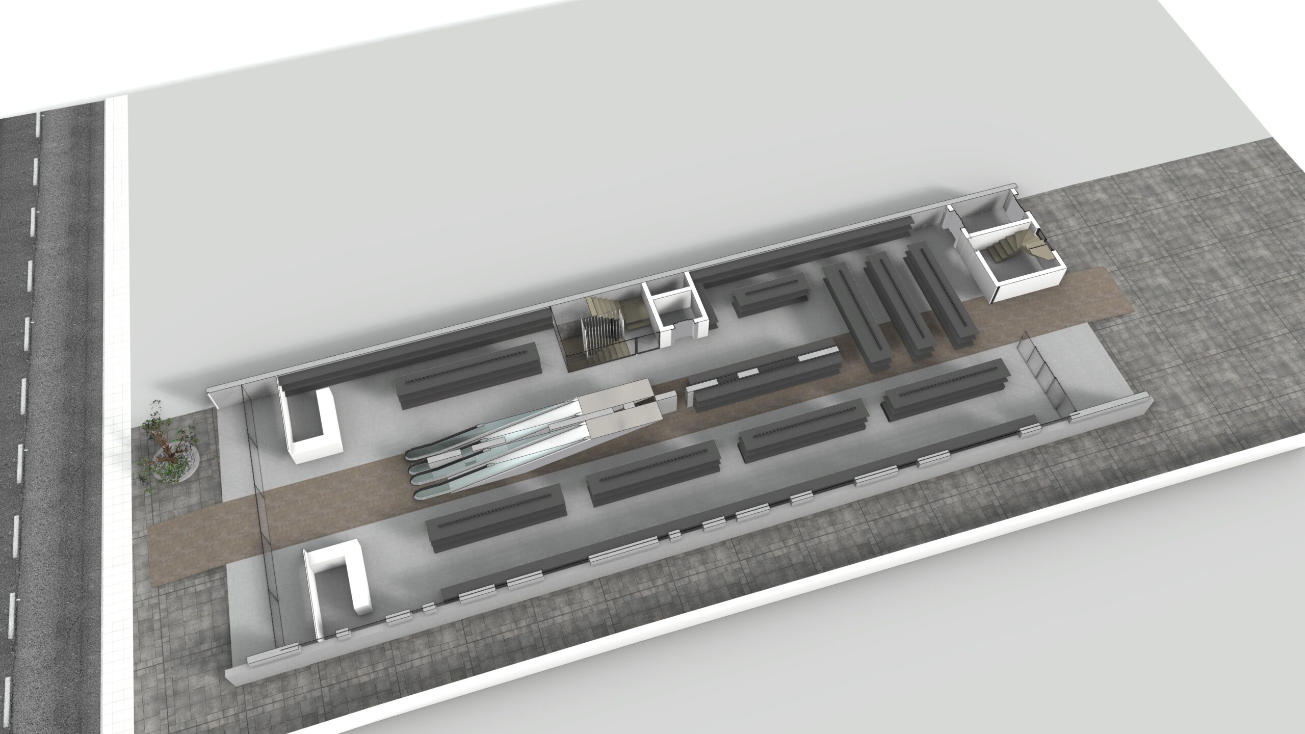 Aerial view of a hardware store floorplan, showcasing retail display areas, checkout counters, and a potential entrance with landscaping, rendered in a minimalist architectural style with a neutral color palette. By Modify Architects