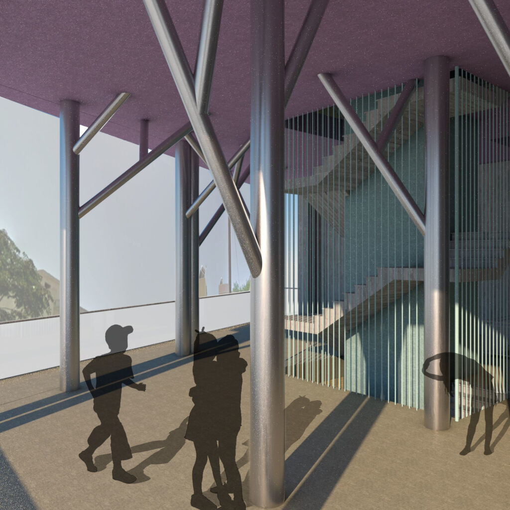 Architectural rendering of the Karaxariou School interior, showcasing a covered walkway with structural columns and a staircase. Silhouetted figures of children add a sense of scale and activity. The design features a playful interplay of light and shadow, with a purple ceiling and a facade of vertical metal slats. The exterior landscape is visible through large windows, creating a connection between the interior and the surrounding environment. By Modify Architects