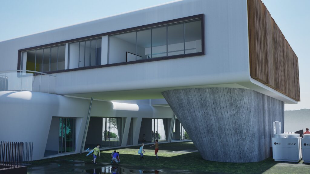 Architectural rendering of the Zagorianakou Kindergarten and Swimming Center, showcasing a modern design with curved white walls, large glass windows, and a unique cylindrical support structure. Children are depicted playing in the foreground, highlighting the building's function as a playful learning environment. The exterior features a combination of white, wood, and gray materials, creating a visually appealing and contemporary aesthetic. By Modify Architects