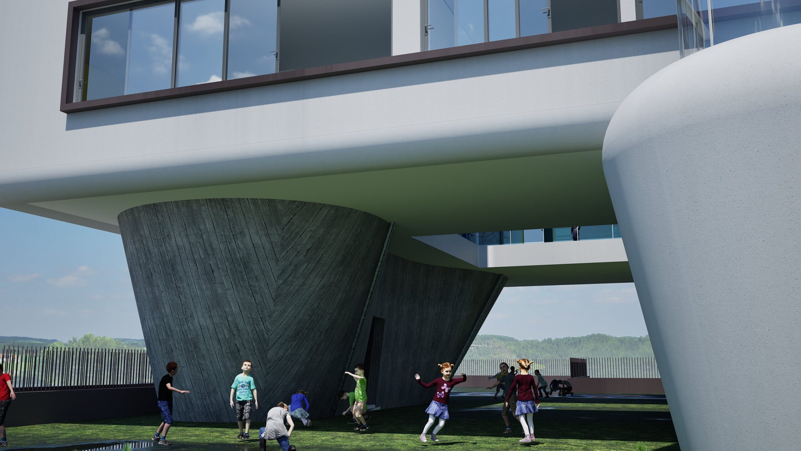 Modern kindergarten design featuring children playing on a rooftop playground beneath an overhanging building with large windows and a unique concrete support structure, showcasing a playful and innovative architectural concept. By Modify Architects