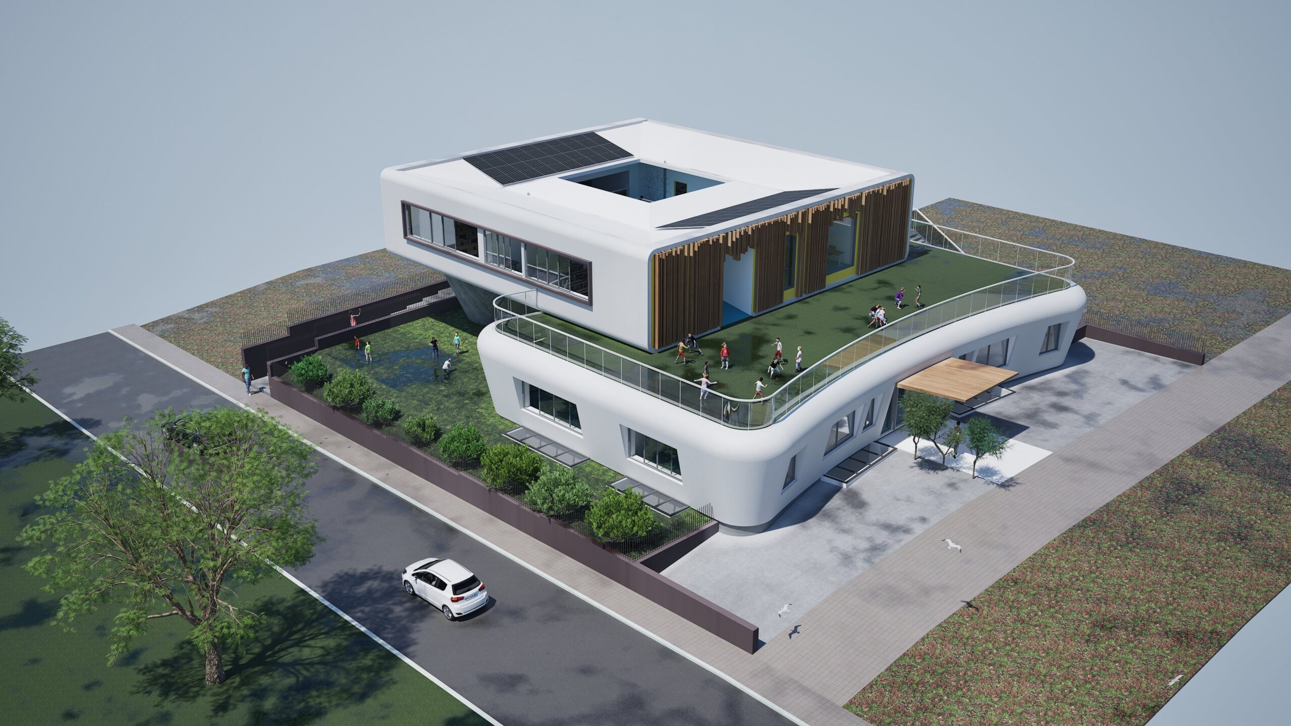 Aerial view of the Zagorianakou Kindergarten-Swimming Center, showcasing a modern two-story building with a unique curved lower level and a flat roof featuring solar panels. A green roof extends from the upper level, creating a playful outdoor space for children. The building is surrounded by landscaping, including trees, shrubs, and a paved area with a car and pedestrians. The design emphasizes a connection to nature and a welcoming environment for young learners. By Modify Architects