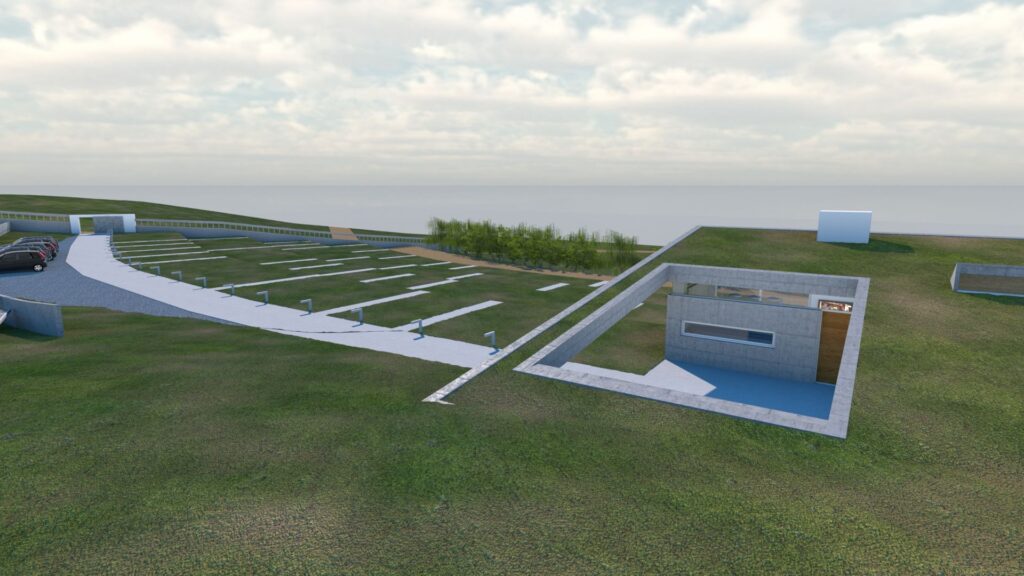 Aerial view of a modern building partially embedded in a grassy hill, featuring a concrete facade, a long rectangular reflecting pool, and a parking area with trees lining the perimeter under a cloudy sky. By Modify Architects