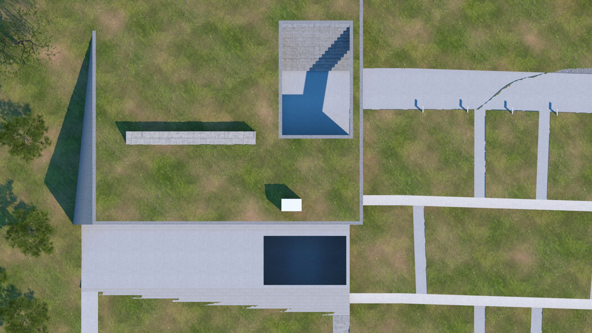 Aerial view of a modern architectural landscape design featuring geometric concrete structures, reflecting pools, and manicured green lawns. The composition emphasizes clean lines, minimalist forms, and a harmonious integration with the natural environment, creating a serene and contemplative outdoor space. By Modify Architects