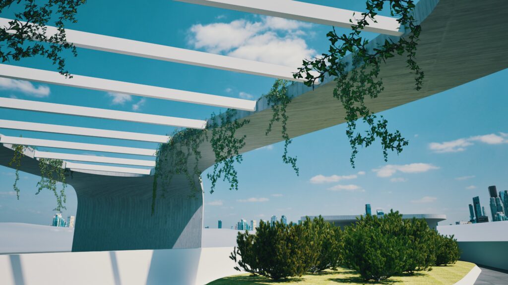 Architectural rendering of the Lakoniki School featuring a sweeping, white concrete canopy adorned with lush green vines, overlooking a landscaped rooftop garden and a distant cityscape under a bright blue sky with scattered clouds. The design emphasizes organic integration with nature and a modern aesthetic. By Modify Architects