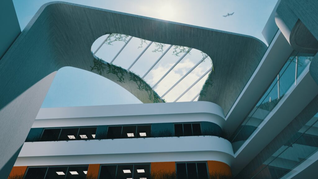 A low-angle view showcases the innovative architectural design of the Lakoniki School, featuring a central courtyard with organic, flowing wooden structures framing a bright blue sky. Lush greenery cascades down the interior walls, creating a natural and inviting atmosphere. The building's facade combines sleek glass windows with bold bands of color, highlighting a modern aesthetic and a connection to the outdoors. A single bird flies in the sky above, adding a sense of freedom and openness to the composition. By Modify Architects