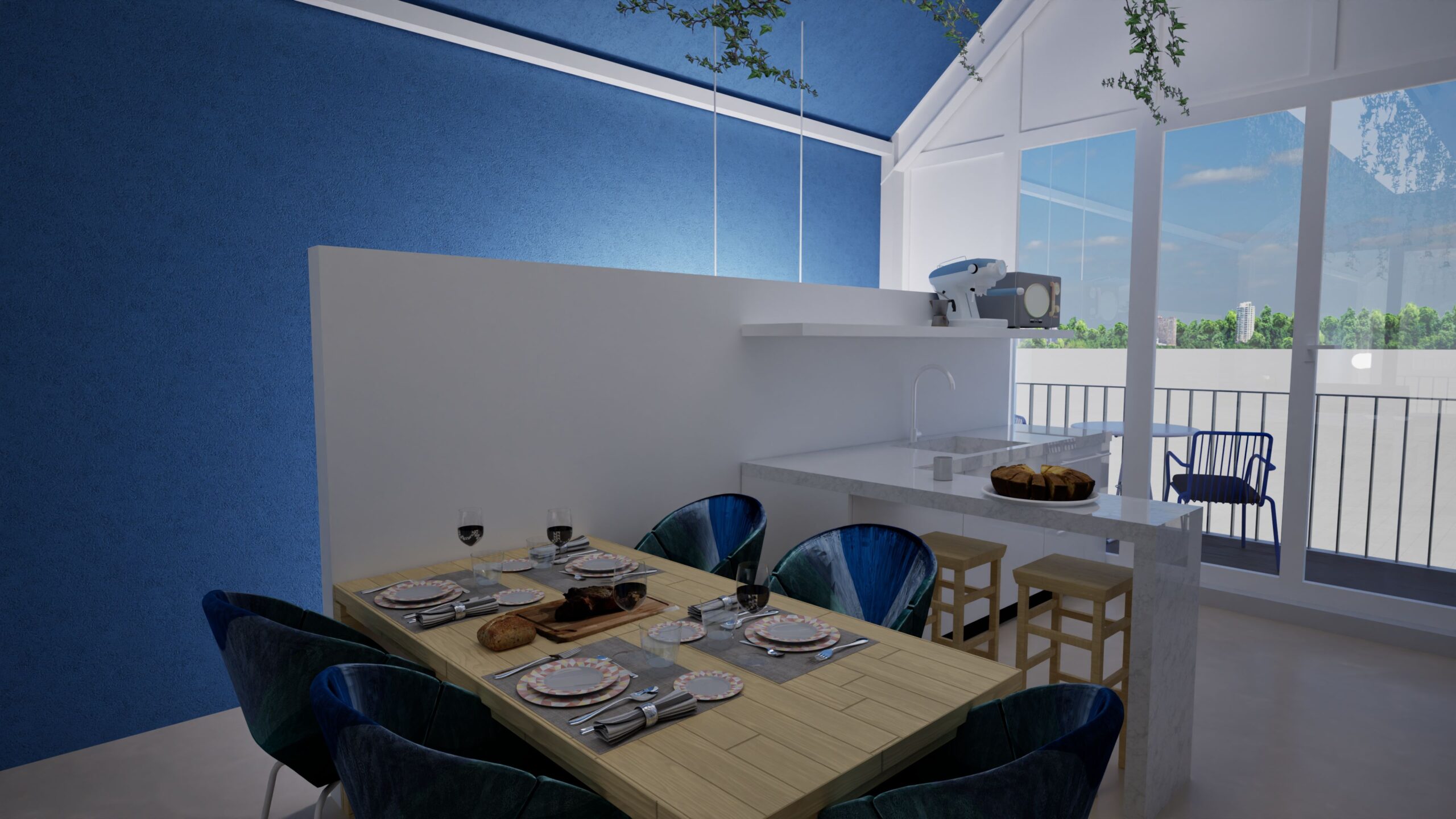 Bright, modern dining and kitchen area with a large table set for a meal, a breakfast bar, and floor-to-ceiling windows offering a view of greenery and a cityscape, featuring blue walls and natural light. By Modify Architects