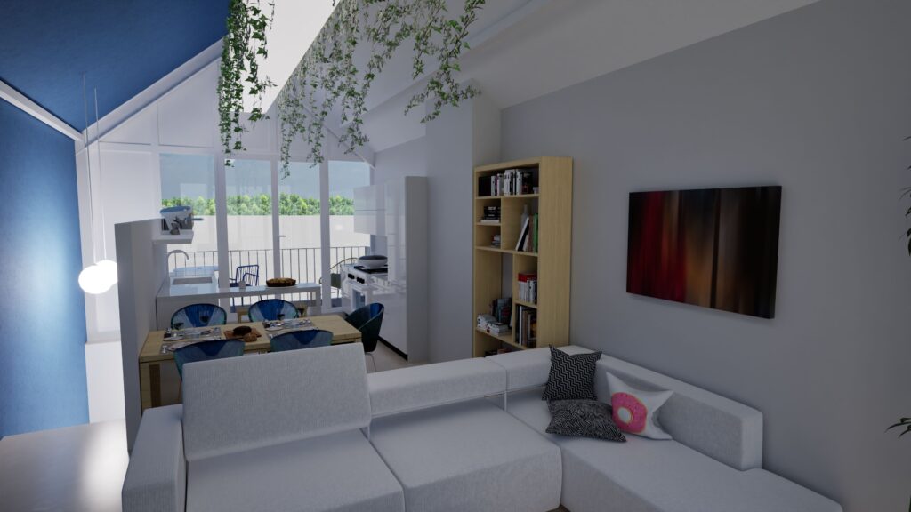 Bright, modern interior rendering of an apartment at Houthavenkade, featuring a combined living, dining, and kitchen area with large windows overlooking greenery, a light grey sectional sofa, a wooden bookshelf, and contemporary artwork. By Modify Architects