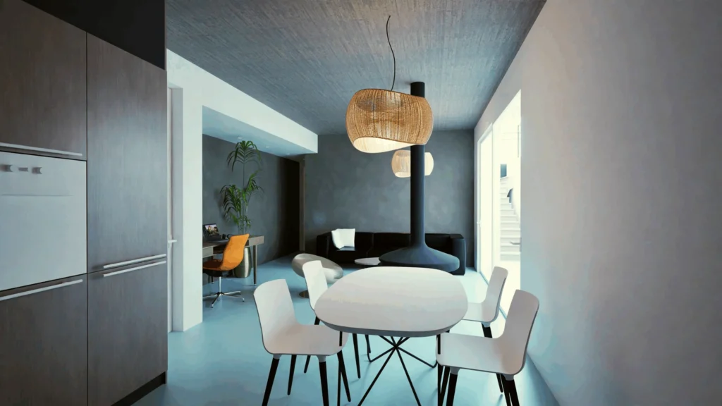 A modern interior design featuring a dining area with a round white table and white chairs, a dark wood kitchen cabinet, a study area with a yellow chair, a fireplace, and a textured concrete ceiling, all bathed in cool blue lighting. By Modify Architects