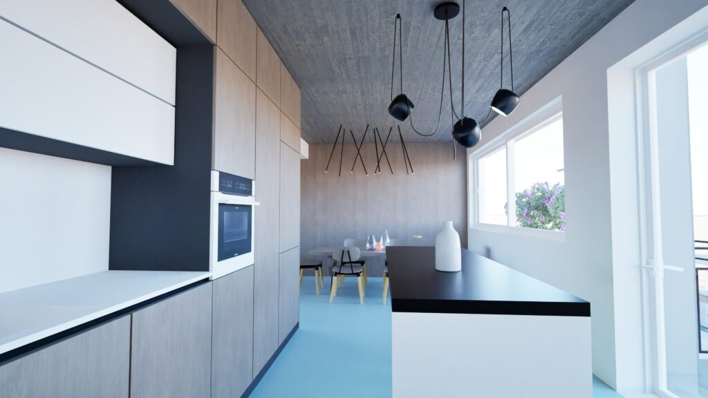 A bright, modern kitchen and dining area with a minimalist aesthetic. The kitchen features light wood and white cabinetry, a black countertop island, and stainless steel appliances. A dining table with yellow chairs sits on a light blue floor, illuminated by a series of black pendant lights hanging from a concrete ceiling. A window offers a glimpse of greenery outside. By Modify Architects