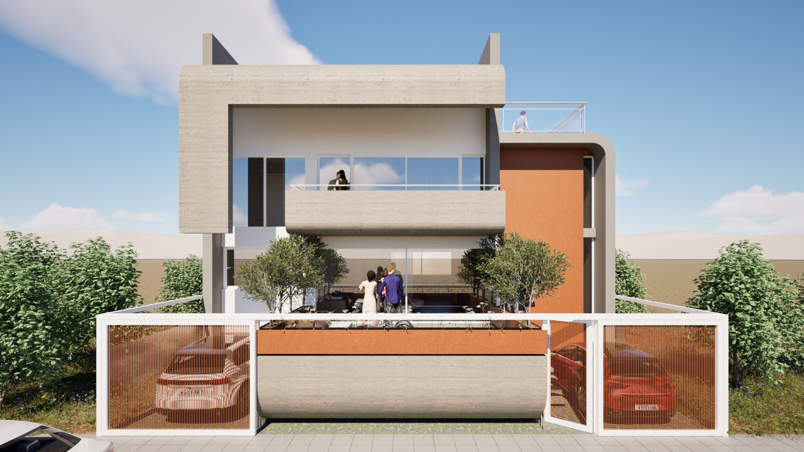 A modern two-story residential building with a minimalist aesthetic, featuring a white facade, large windows, a rooftop terrace with a person visible, a balcony with two people, and a gated carport with cars parked inside, surrounded by lush green trees and a clear blue sky. By Modify Architects