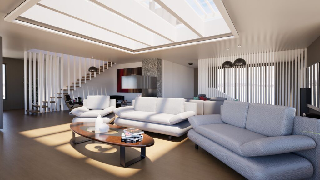 Residence 24 — A modern open‑plan living space with a rectangular skylight ceiling, linear glass partitions and light wood flooring, embodying minimalist contemporary style. — by Modify Architects