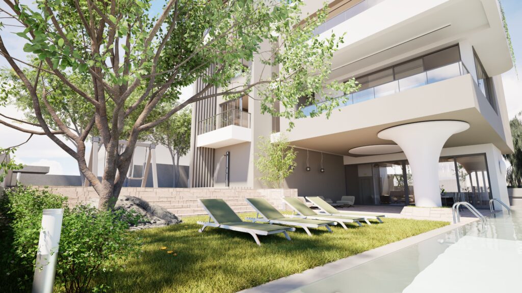 Residence 24 — Daytime perspective of contemporary home with expansive cantilevered roof, glass balustrades, and smooth white walls, complemented by a poolside area with lounge chairs and green lawn. — by Modify Architects