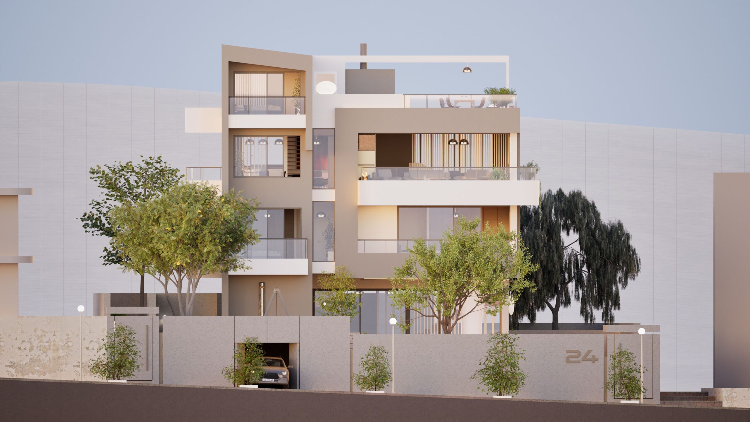 Residence 24 — Front view of a minimalist house featuring a flat roof, rectangular geometry, white concrete exterior, glass windows and vertical slat accents. — by Modify Architects