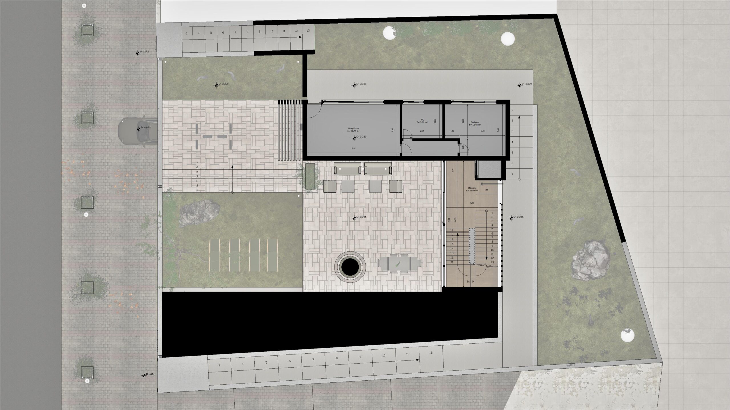 Residence 24 — Contemporary ground‑floor plan showing a covered parking bay for three cars, tiled interior spaces and an angular building outline surrounded by green lawn. — by Modify Architects