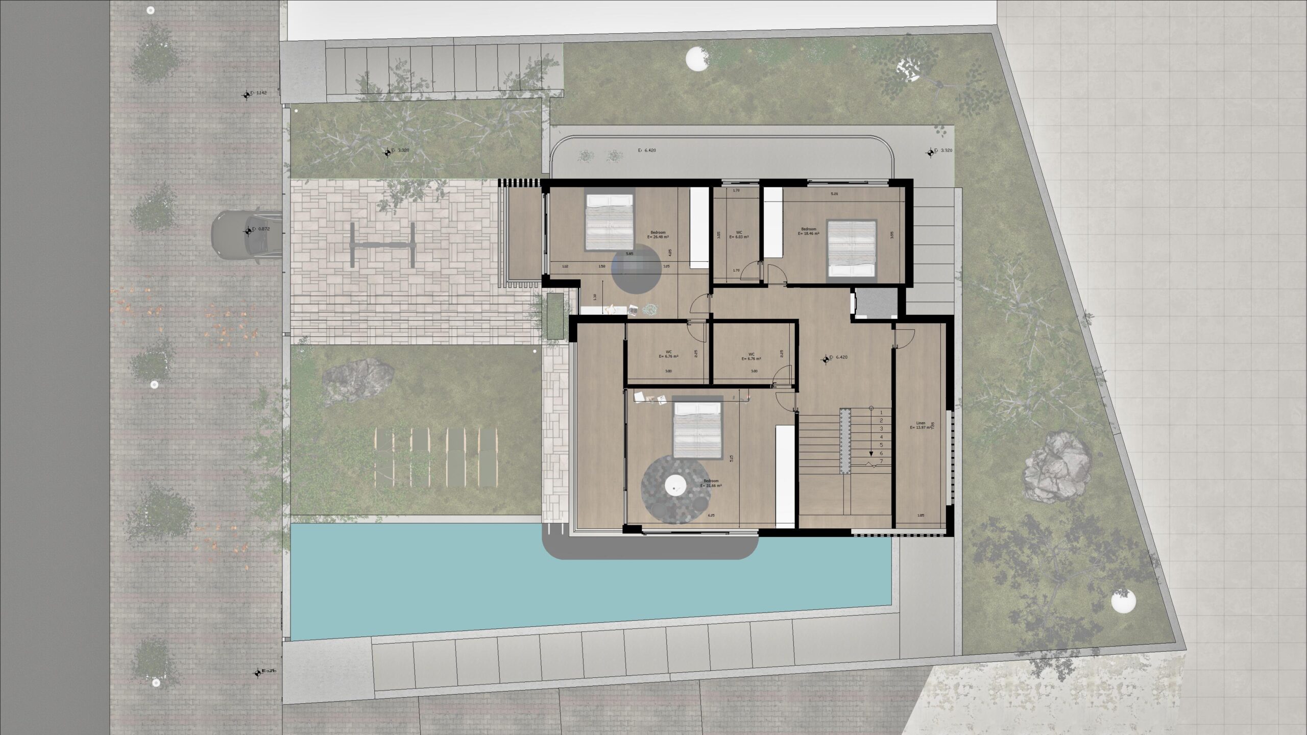 Residence 24 — Modern rectangular residence plan with an open interior layout, light walls, tiled floors, a blue swimming pool and surrounding green landscaping. — by Modify Architects