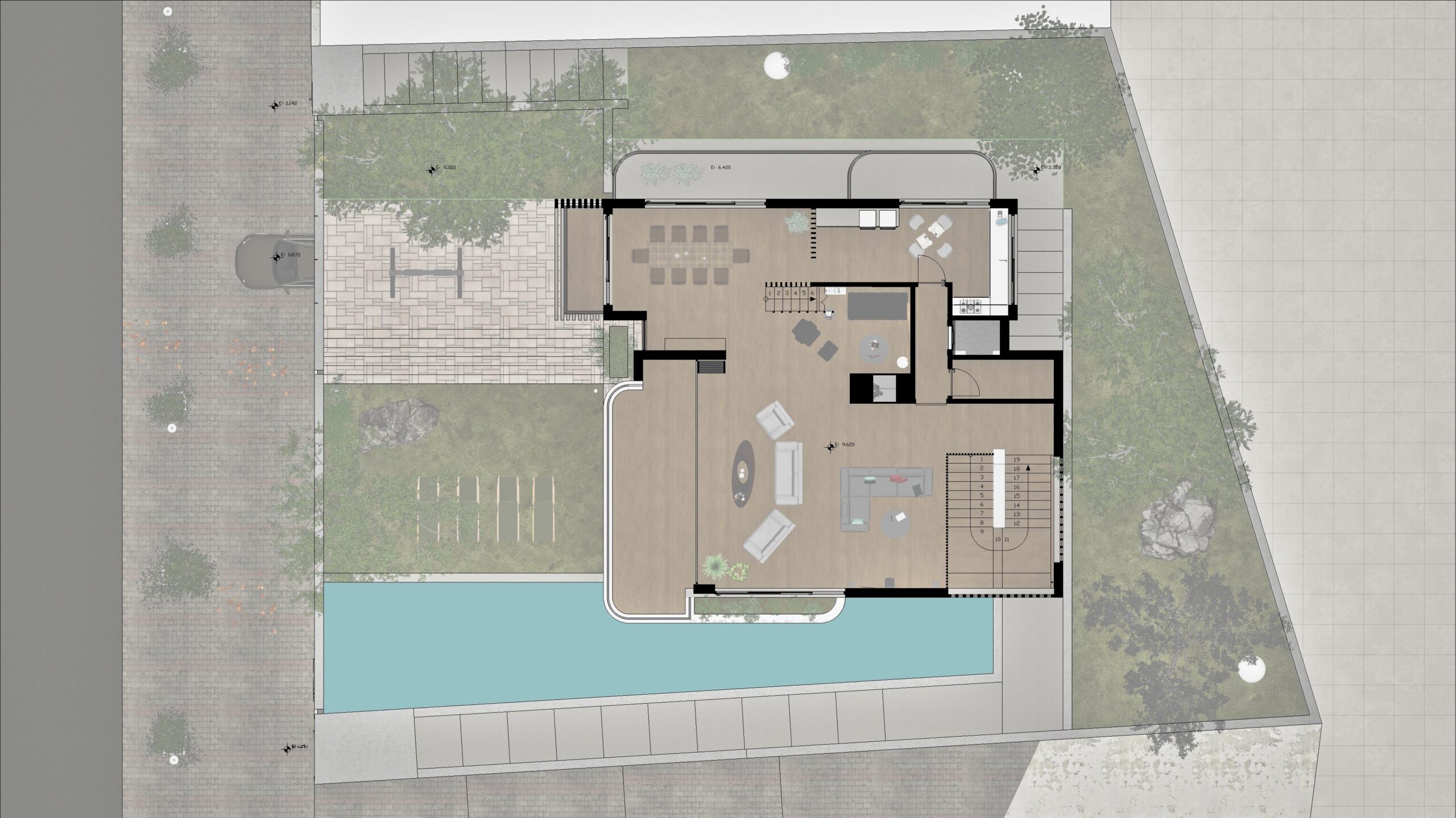 Residence 24 — An architectural layout displaying a long rectangular pool alongside a wooden deck furnished for dining, connected to the main living area and private quarters of the residence. — by Modify Architects
