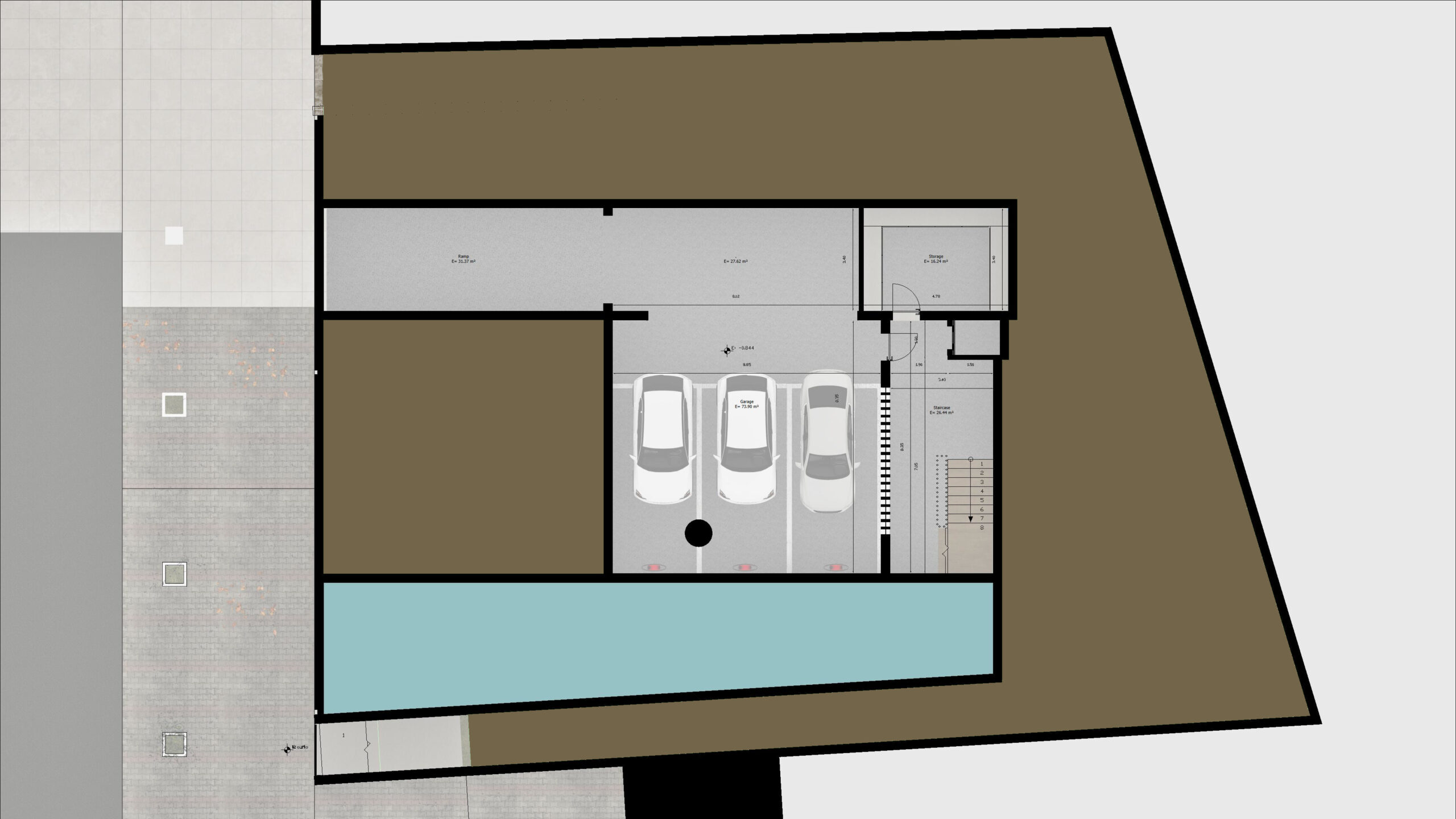 Residence 24 — A top-down architectural plan of a modern residence featuring a rectangular footprint with a three-car parking area and a light blue swimming pool at the rear. — by Modify Architects