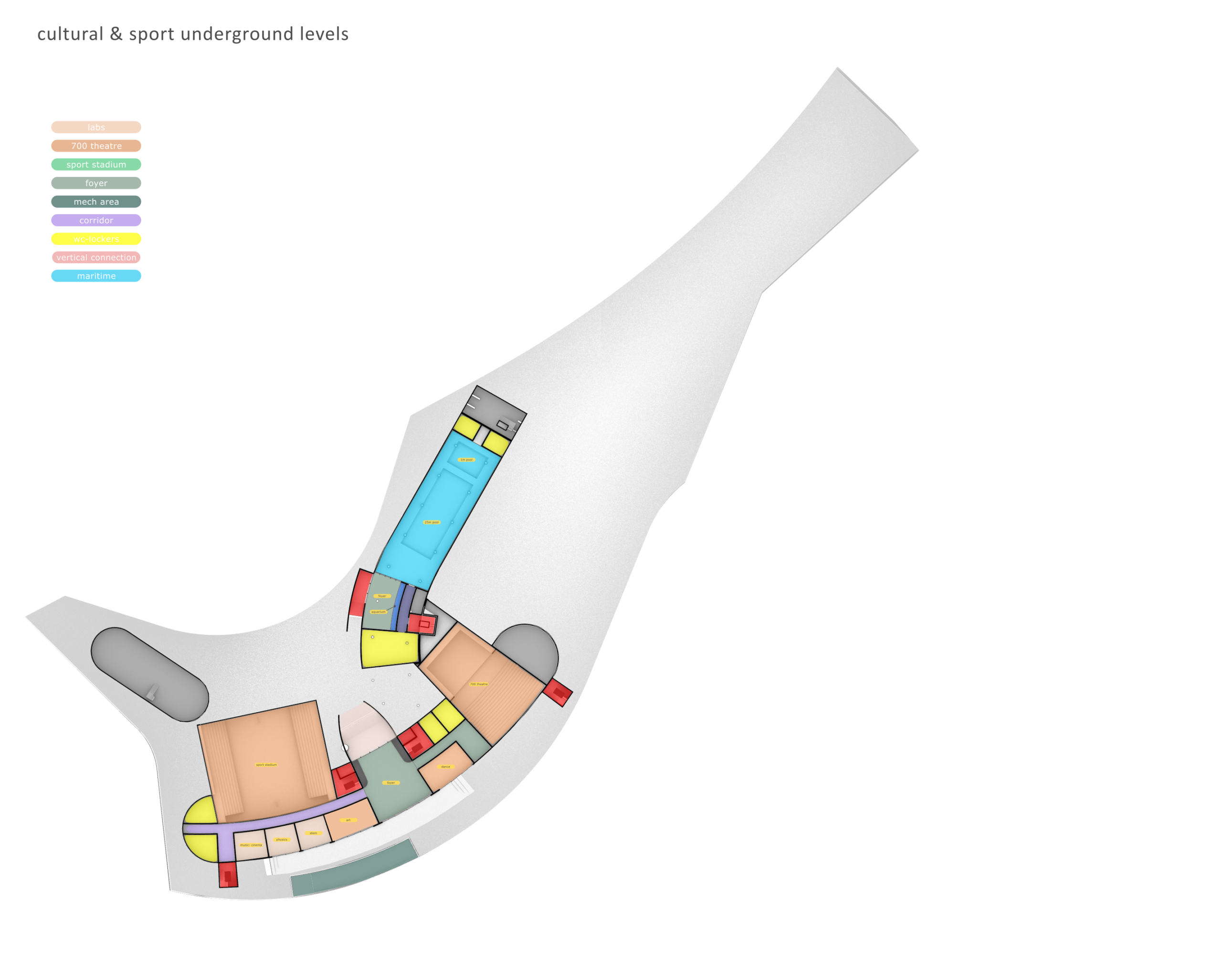 Ellinikon School — A schematic architectural layout of an irregular shape containing a large central area and several smaller colored rooms or spaces. — by Modify Architects