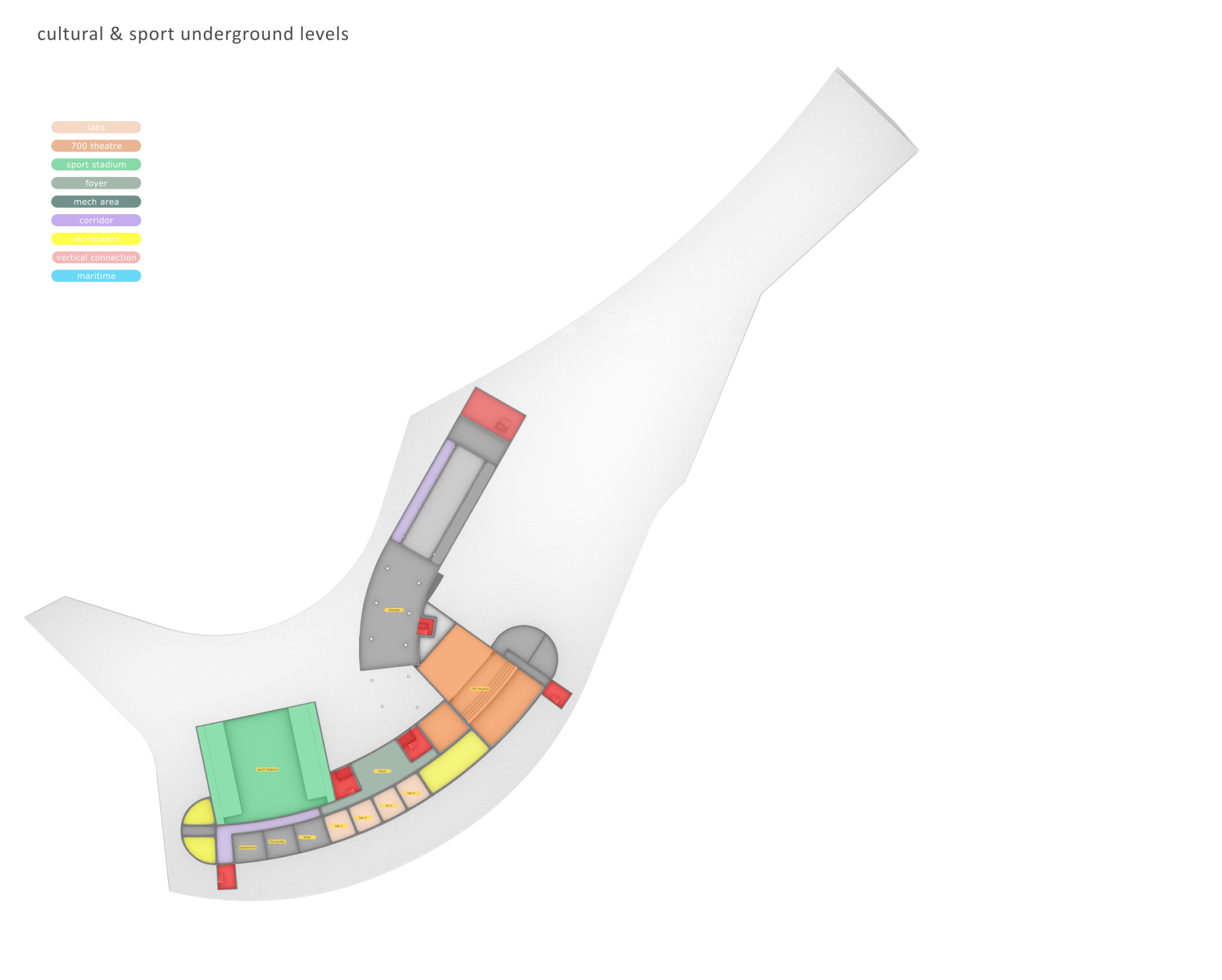 Ellinikon School — An architectural site plan with an irregular, curved form featuring distinct zones marked by different colors within a white background. — by Modify Architects