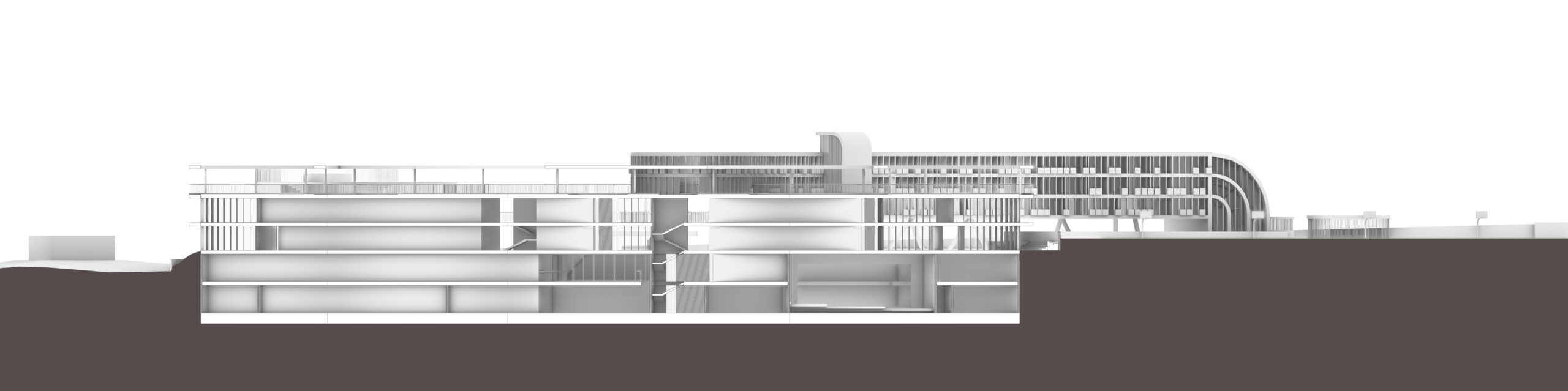 Ellinikon School — A detailed black-and-white architectural section showing a long horizontal building massing with stacked rectangular volumes and railings on the left, a central vertical void or stairwell, and a complex curved structure rising on the right. — by Modify Architects