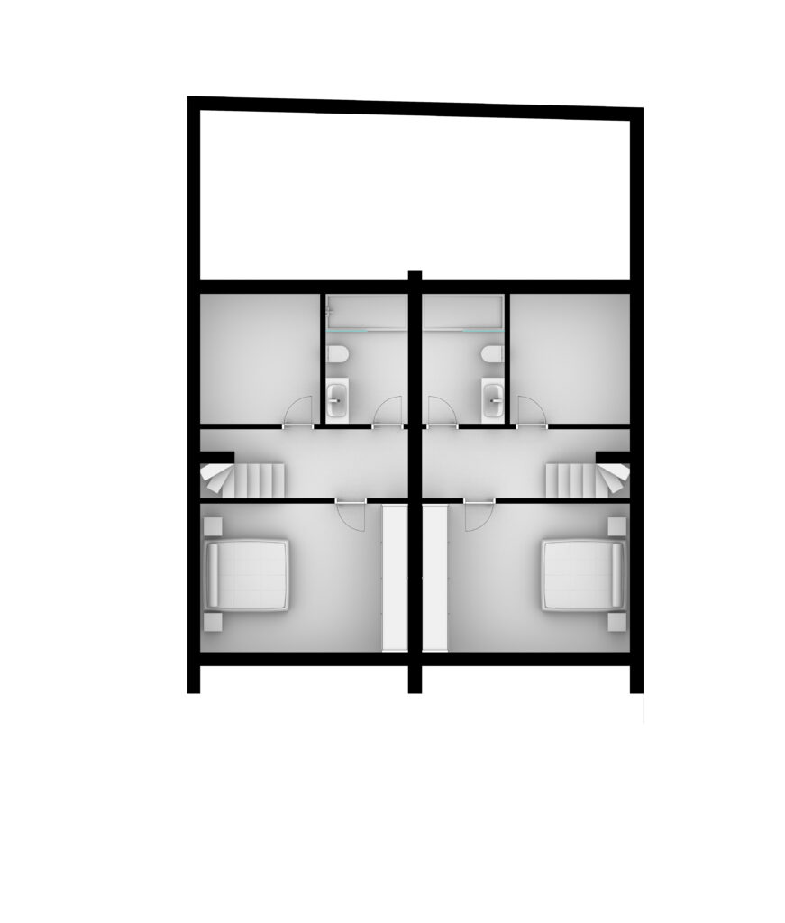 Twins — A vertical architectural plan of twin units showing stacked levels with garages at the bottom, bedrooms in the middle, and large open spaces at the top, characterized by simple geometric shapes and minimalist styling. — by Modify Architects